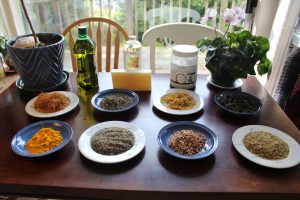Making herbal salve - herb set up